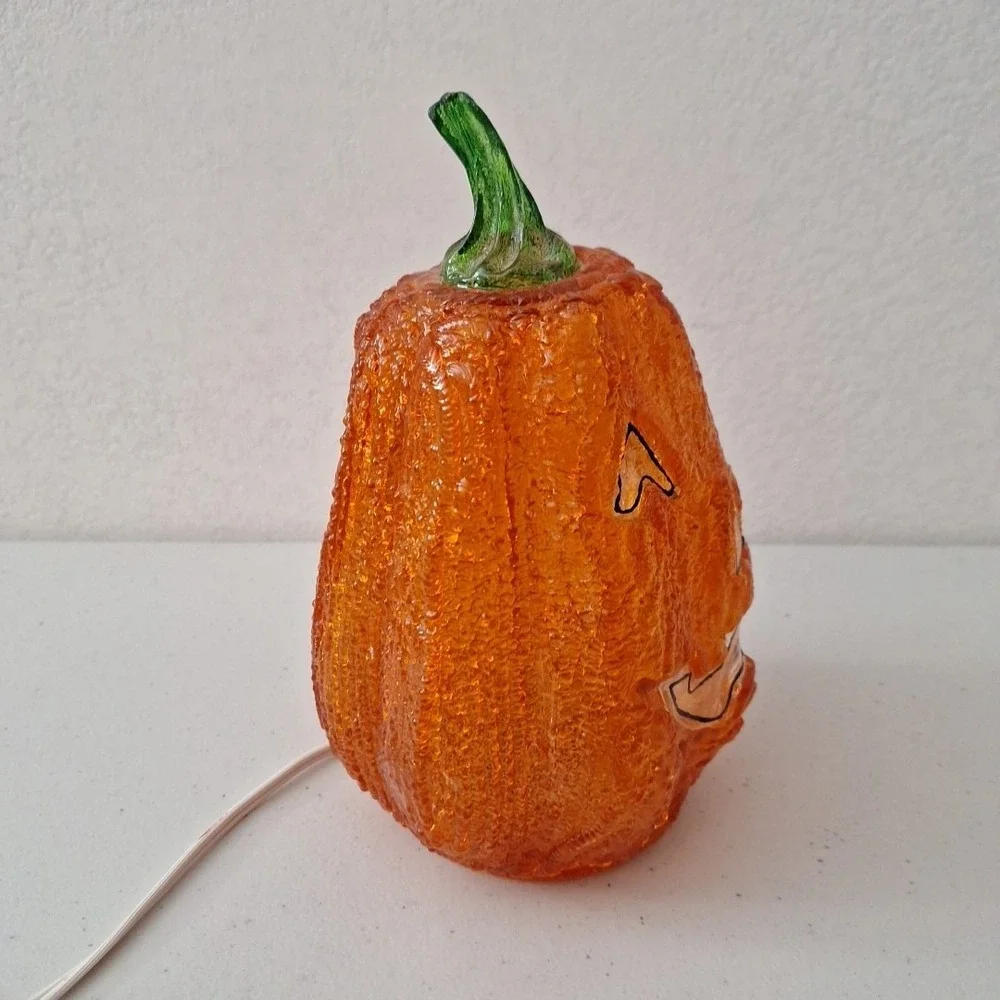 Vintage Halloween Pumpkin Melted Plastic Popcorn Light Up Jack O Lantern Lamp 8